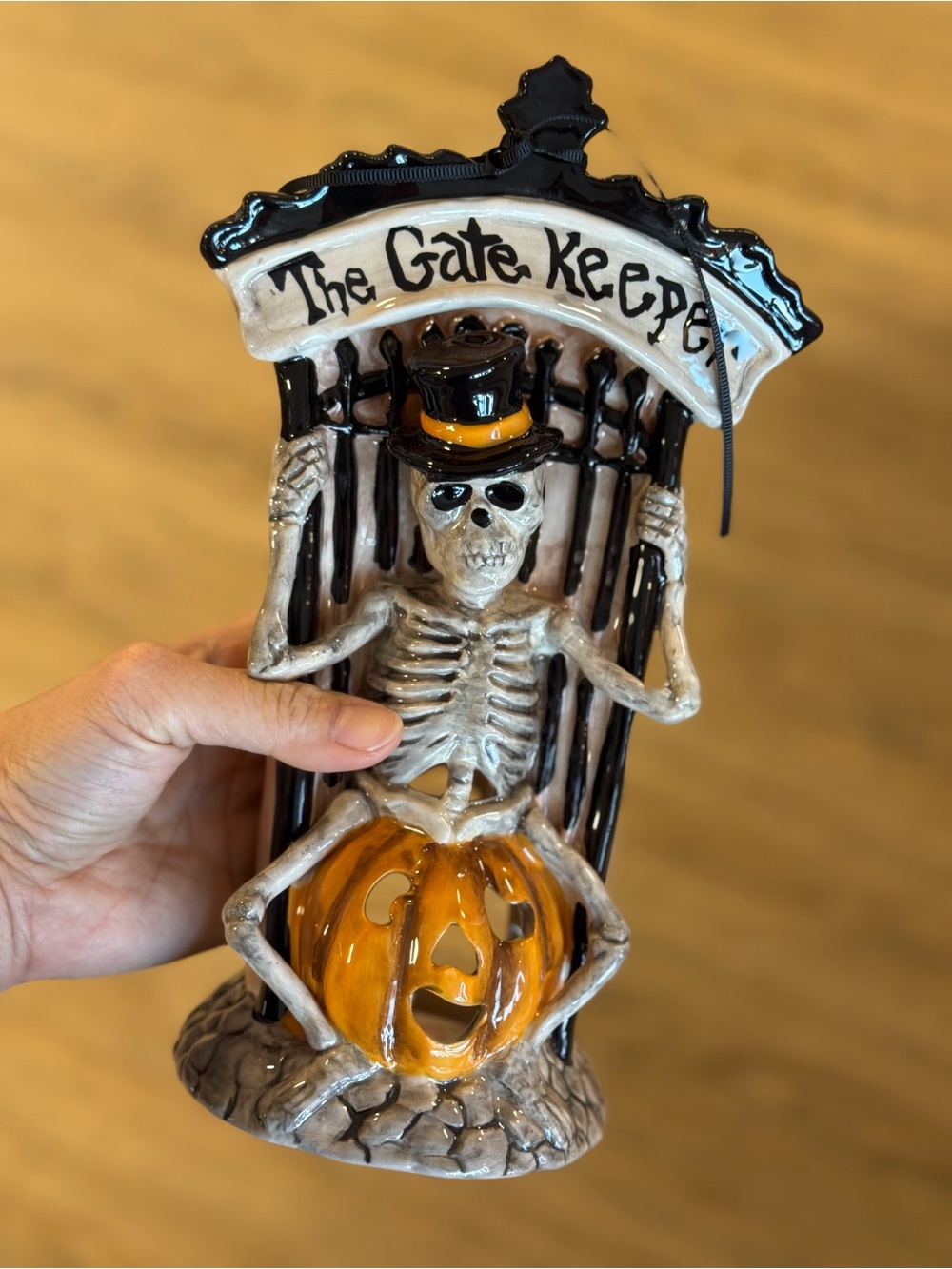 The Gate Keeper Halloween Skeleton Figurine - Black & Orange Ceramic Accent